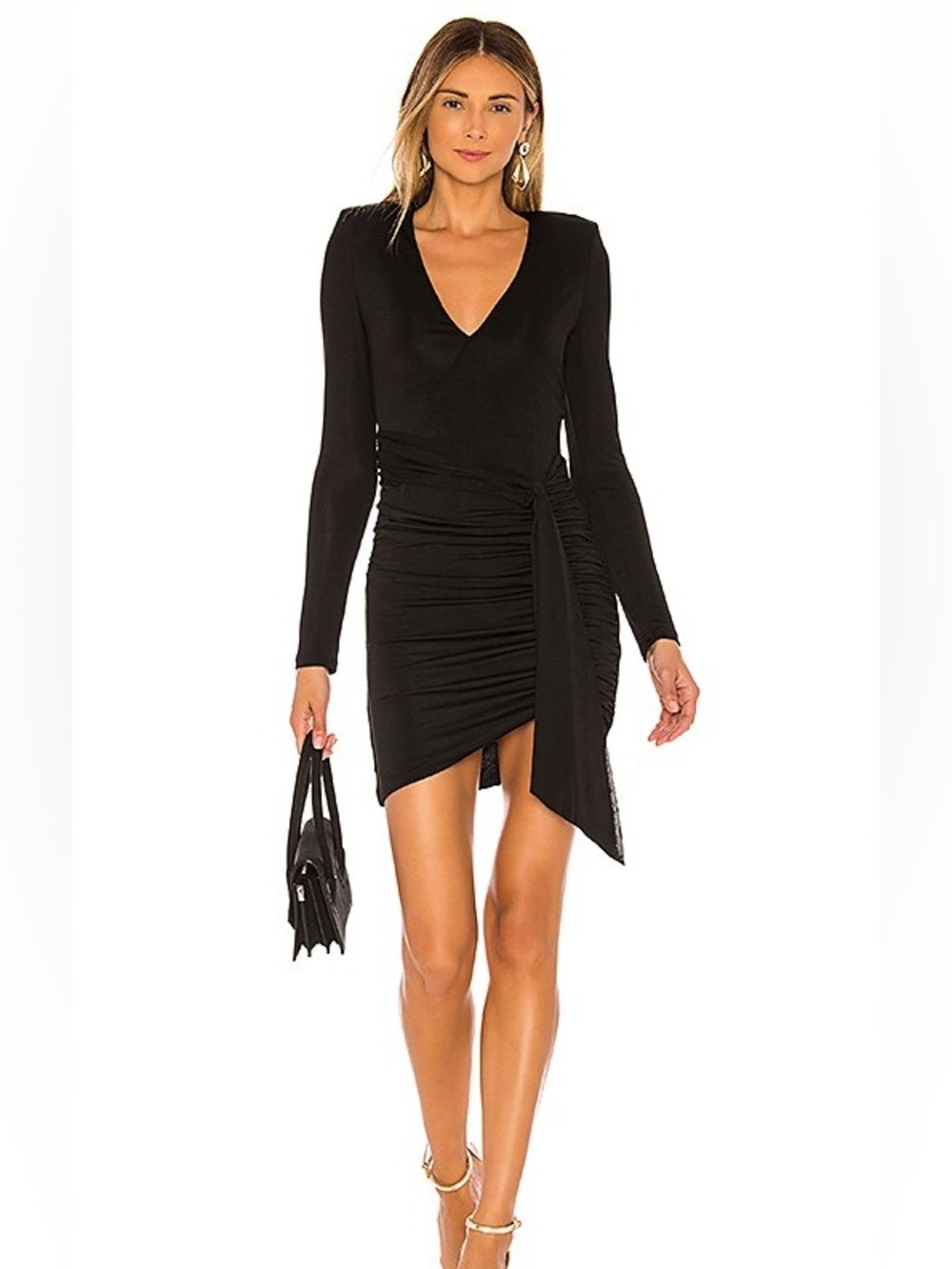 Alice + Olivia Kyra Deep V Drapey Black Mini Dress Ruched Side Tie Detail Size 8